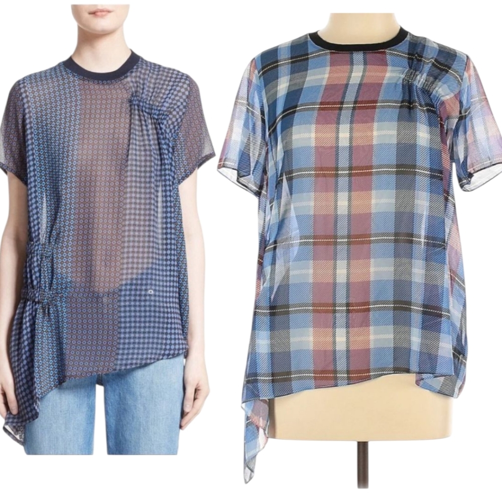 Opening Ceremony Blue Plaid Chiffon Sheer Short  Sleeve Tee Small